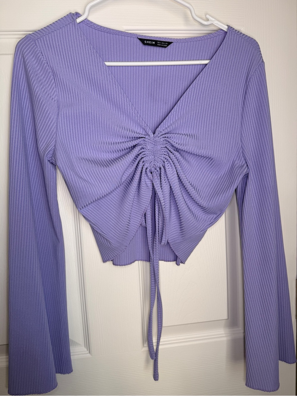 3/$15 Lavender Ribbed Ruched Drawstring bell sleeve V-Neck Crop Top
